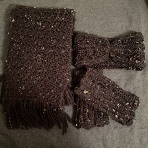 Handmade Knitted Scarf, Headband, Hand Warmers - Black speckled 3 piece set - Picture 2 of 3